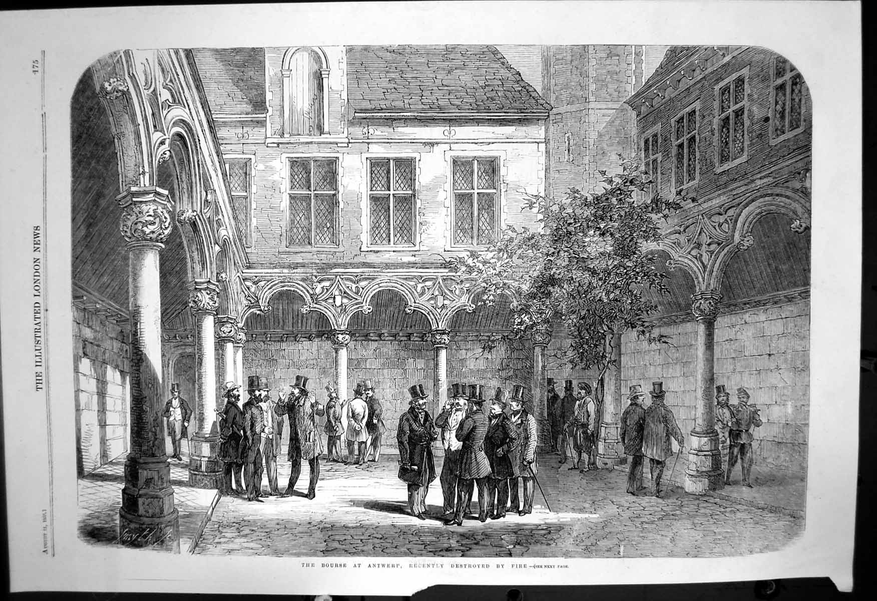 Original Old Antique Print Bourse Antwerp Recently Destroyed Fire 1858 19th