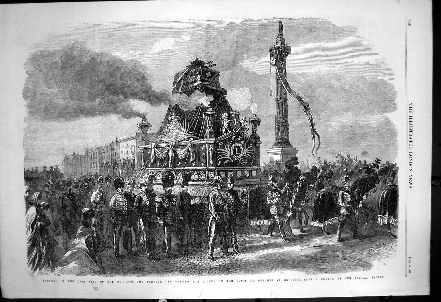 Antique Old Print Funeral King Belgians Column Place Du Congres Brussels 1865