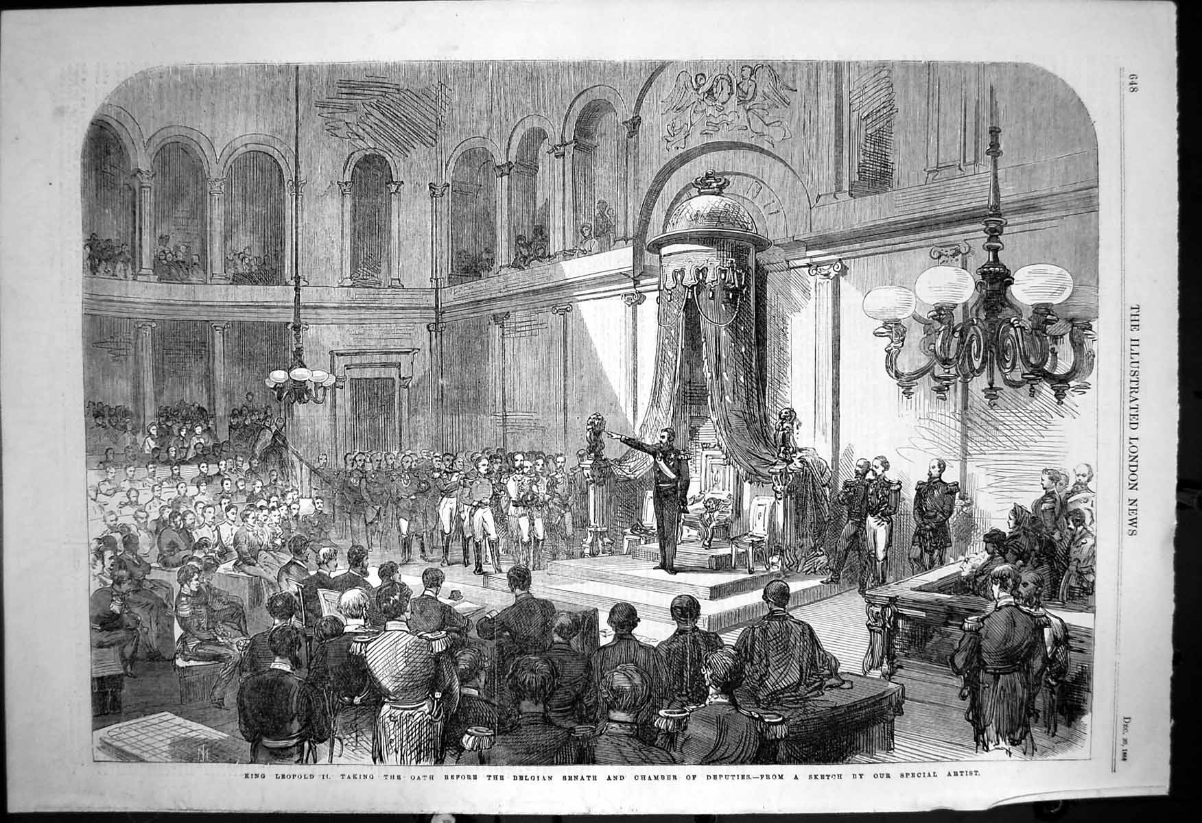 Old Antique Print King Leop11 Oath Belgian Senate Chamber Deputies 1865