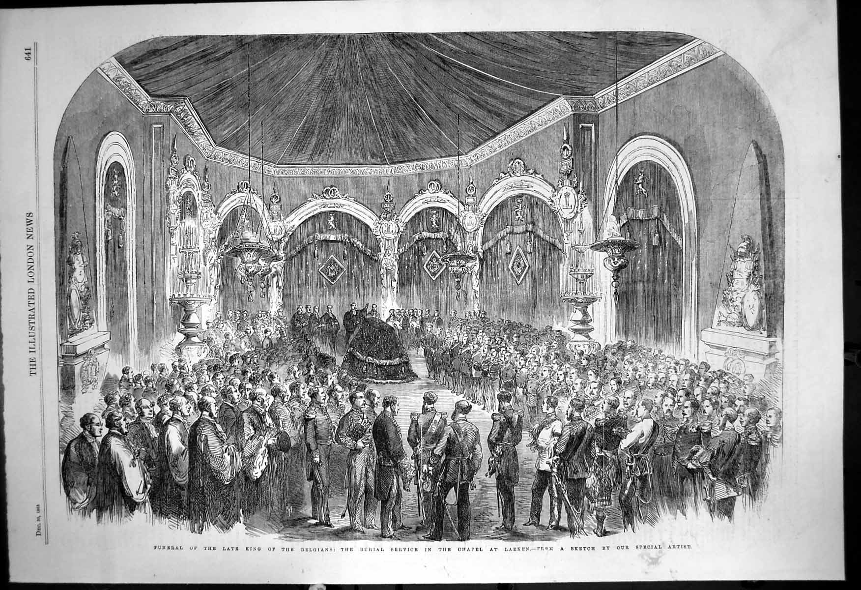 Old Antique Print Funeral King Belgians Burial Service Chapel Laeken 1865 19th