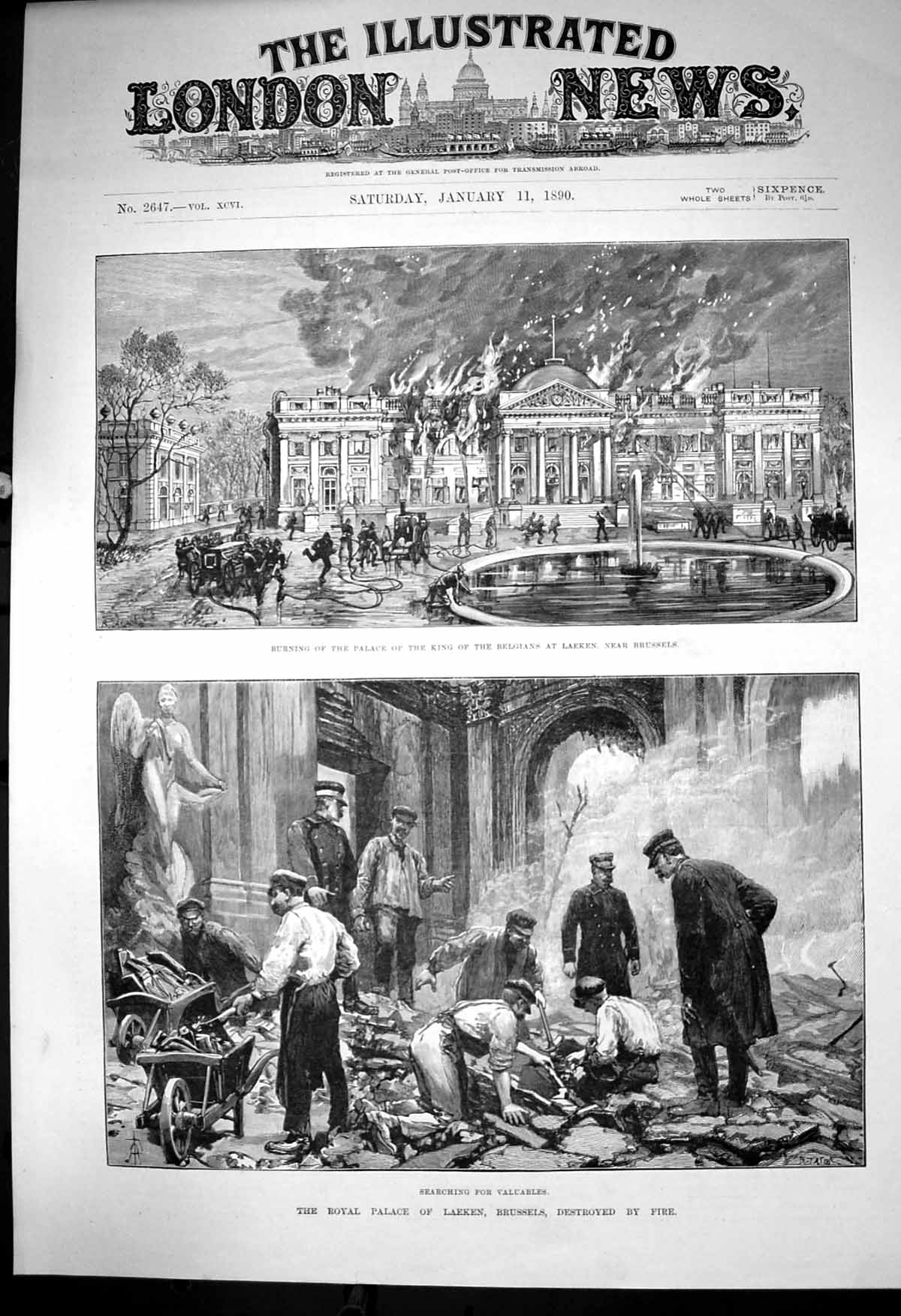 Antique Print Burning Palace King Belgians Laeken Searching Valuables 1890 19th