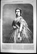 Old Print Portrait Queen Belgians Tiara Jewellery Lace Handkerchief 1866 19th