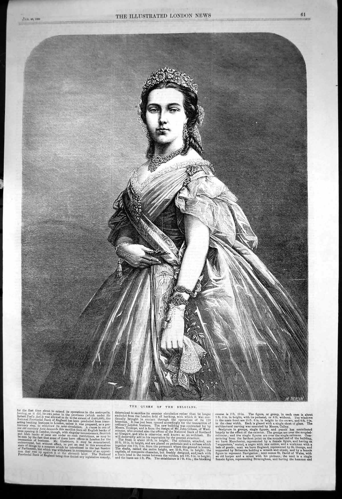 Old Print Portrait Queen Belgians Tiara Jewellery Lace Handkerchief 1866 19th