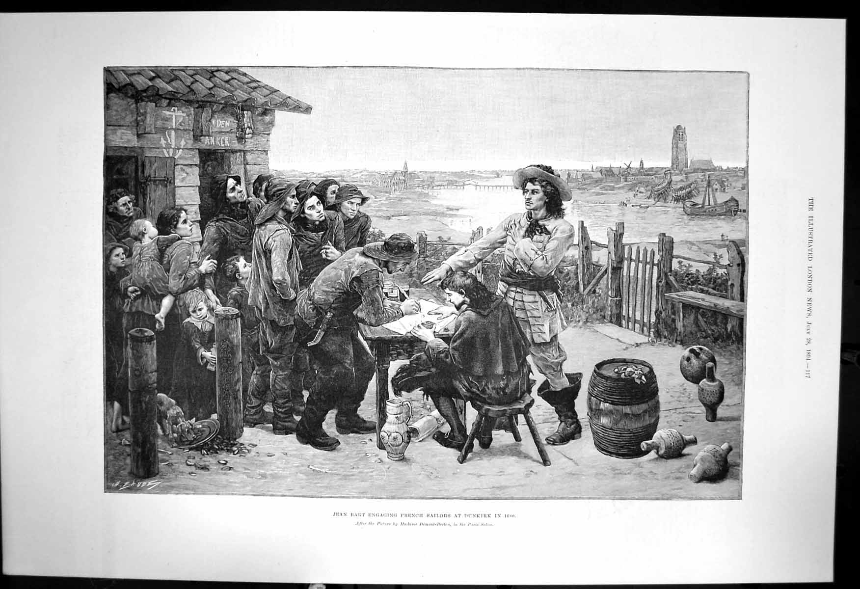 Old Antique Print Jean Bart Engaging French Sailors Dunkirk In 1680 1894