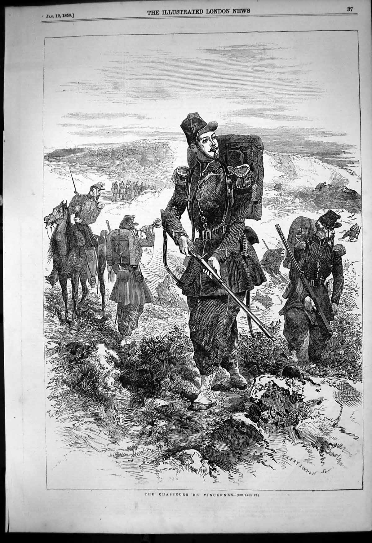 Original Old Antique Print Chasseurs De Vincennes Horse Backpacks Rifles 1856
