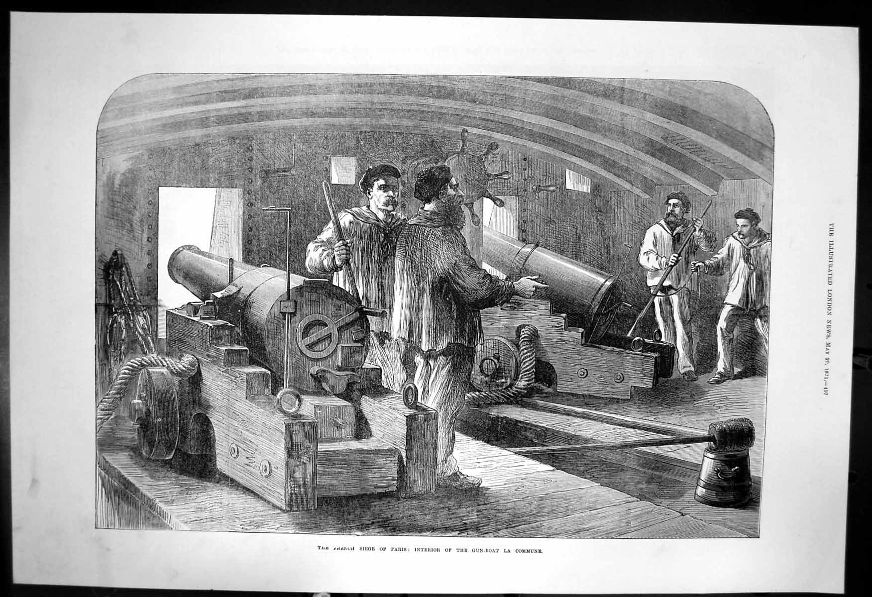 Original Old Antique Print French Siege Paris Interior Gun Boat La Commune 1871