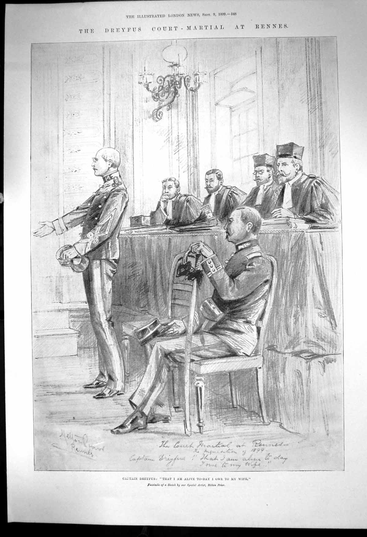 Antique Print Captain Dreyfus Court Martial Rennes Alive Owing To Wife 1899