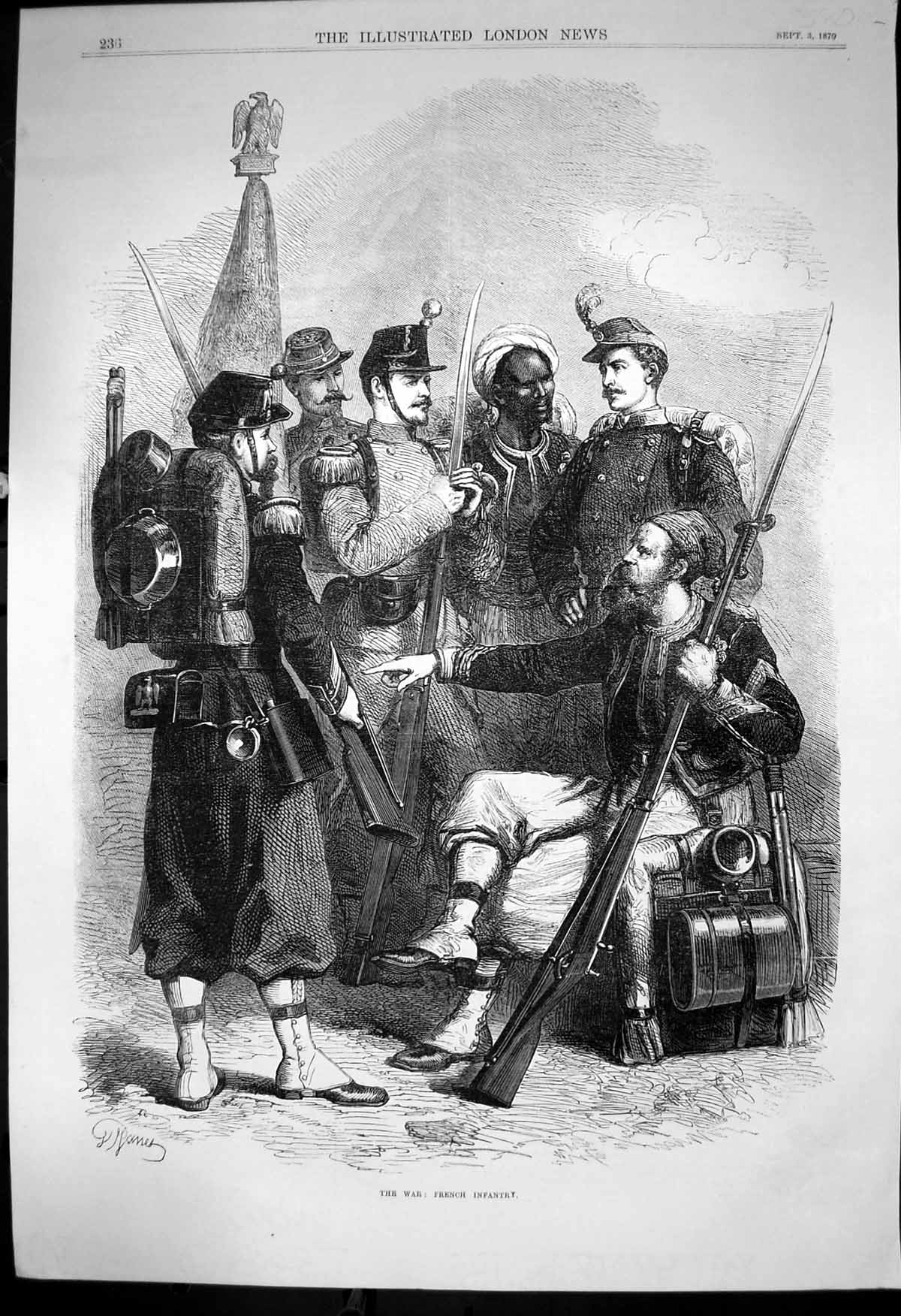 Antique Old Print War French Infantry Varied Uniforms Rifles Backpacks 1870
