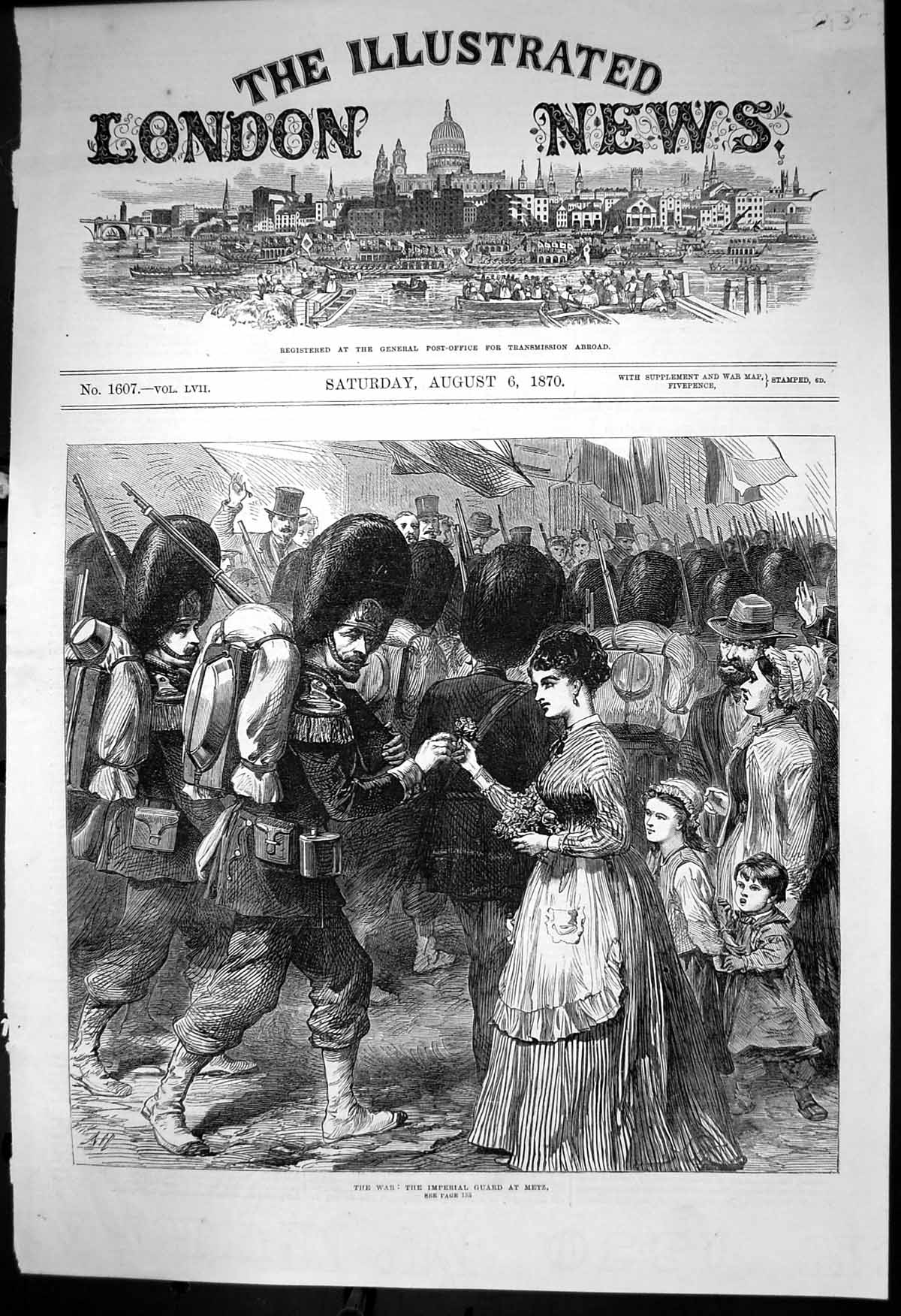 Old Antique Print War Imperial Guard Metz Lady Giving Flowers Sier 1870 19th