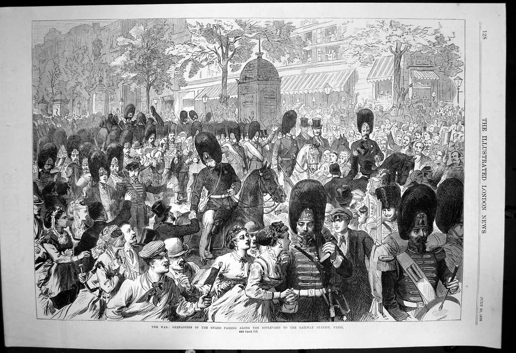 Antique Print Grenadiers Guard Passing Boulevard Railway Station Paris 1870