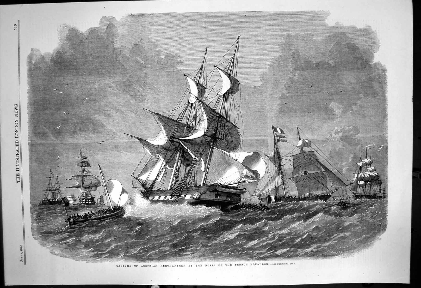 Old Antique Print Capture Austrian Merchantmen Boats French Squadron 1859 19th