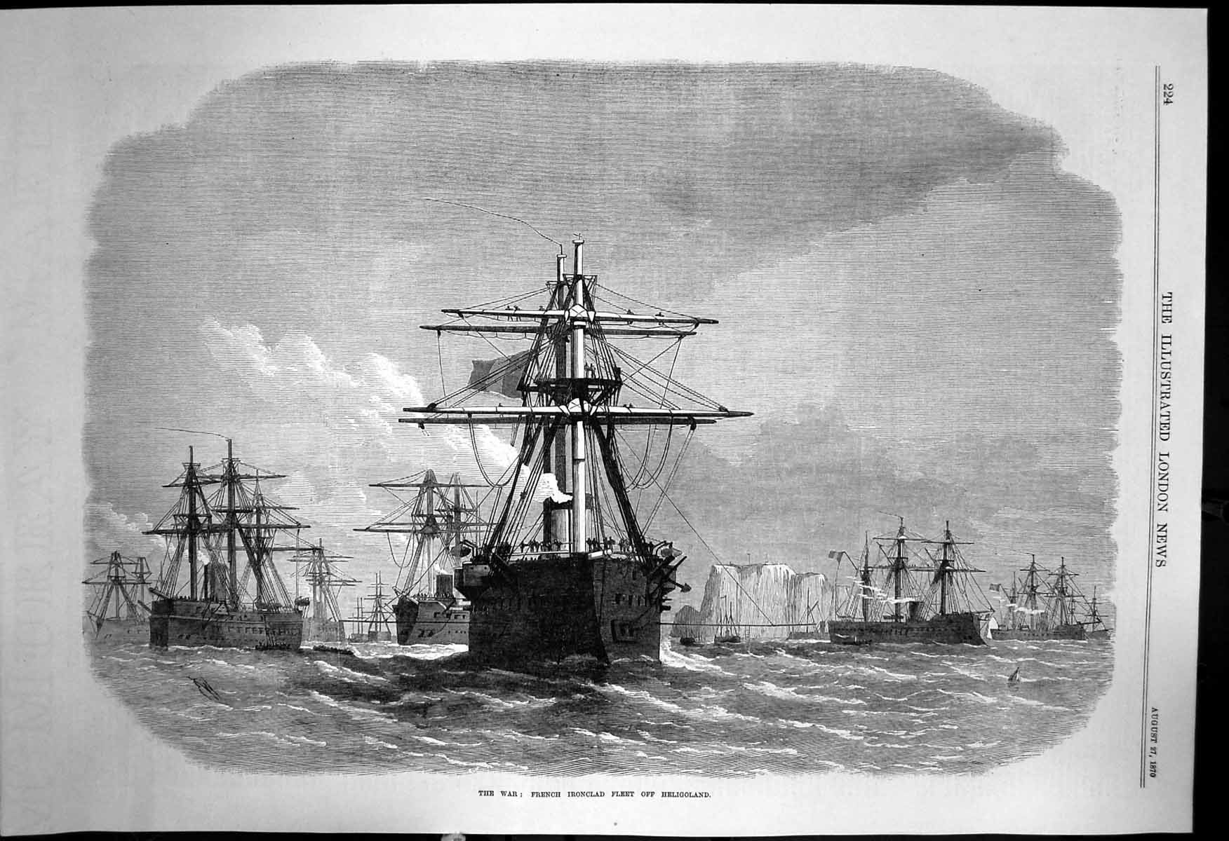 Original Old Antique Print War French Ironclad Fleet Off Heligoland 1870 19th