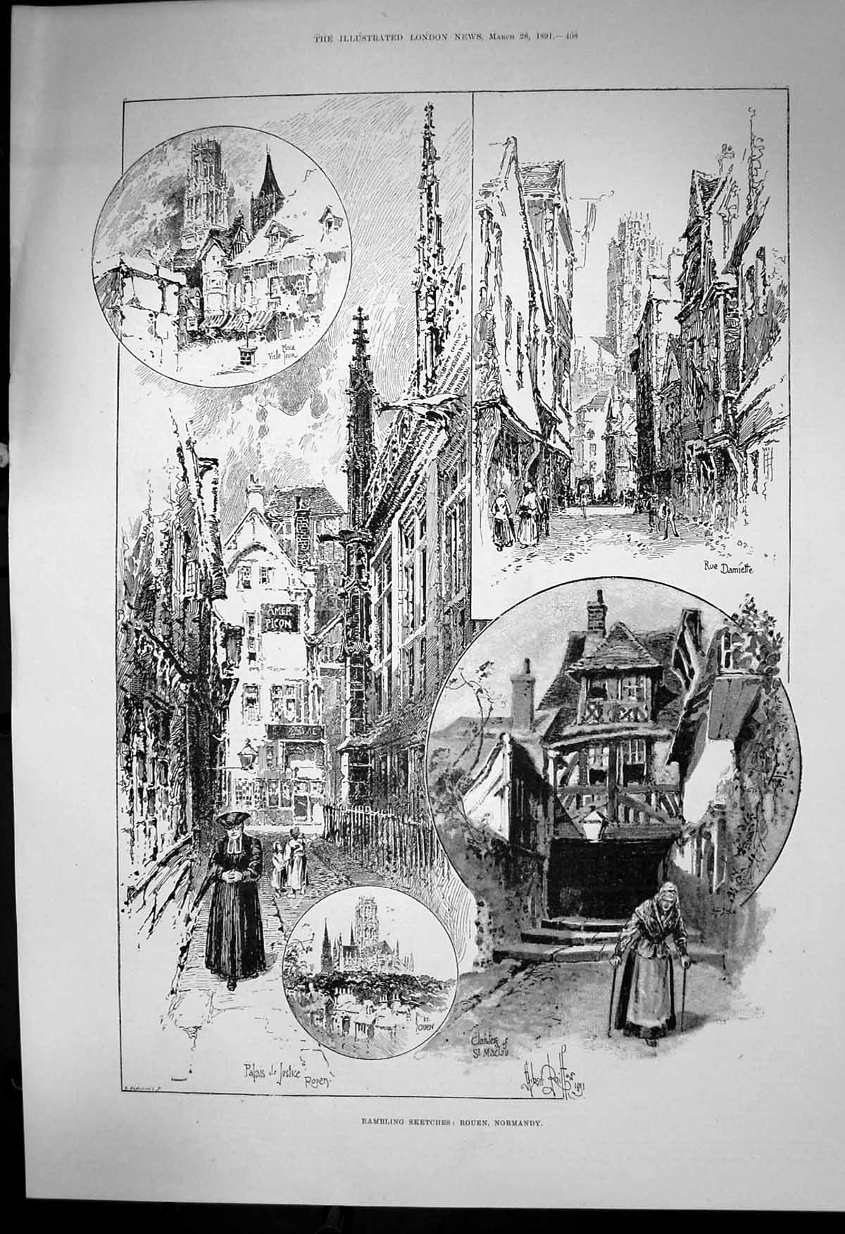 Old Antique Print Rambling Sketches Rouen Normandy Palais De Justice 1891 19th
