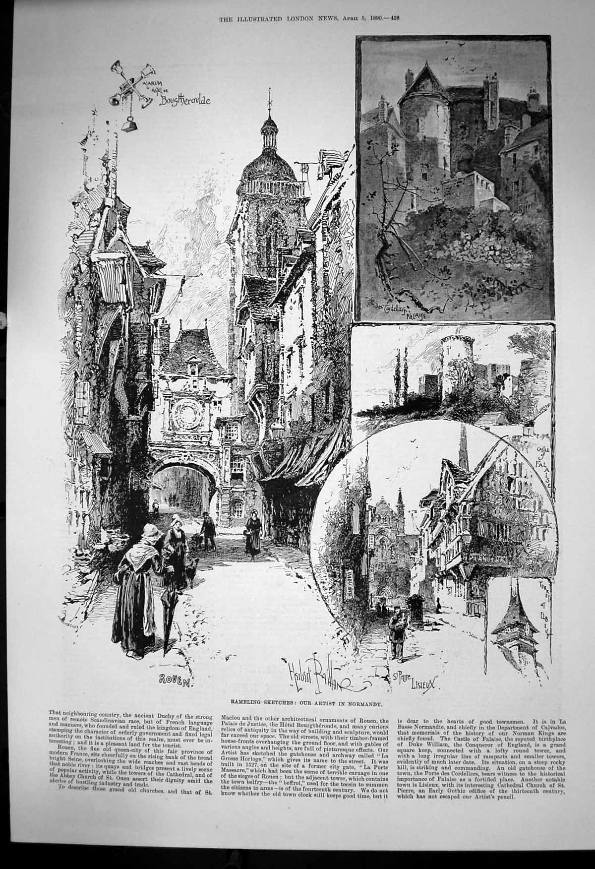 Antique Print Rambling Sketches Normandy Rouen Lisieux Castle Falaise 1890 19th