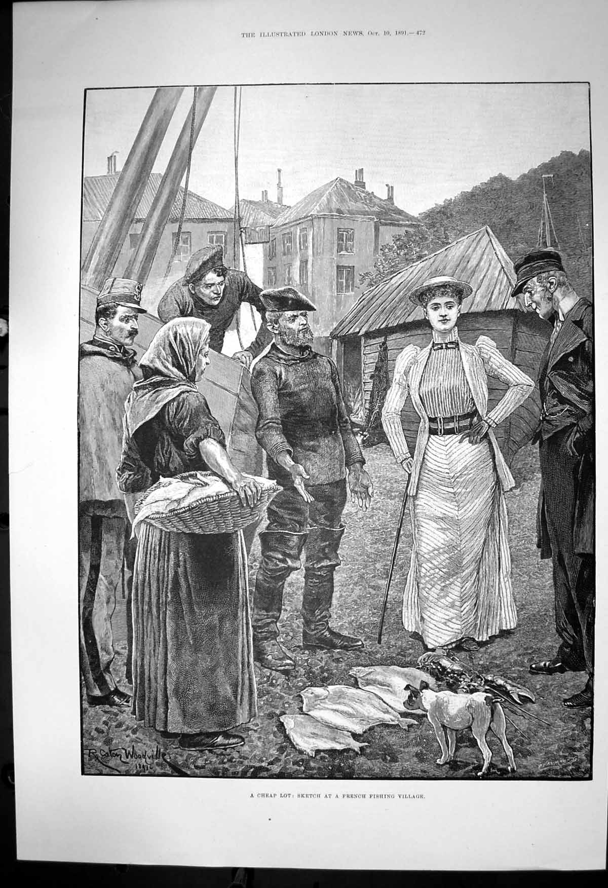 Old Print Cheap Lot French Fishing Village Selling Fish Fisherwoman 1891 19th