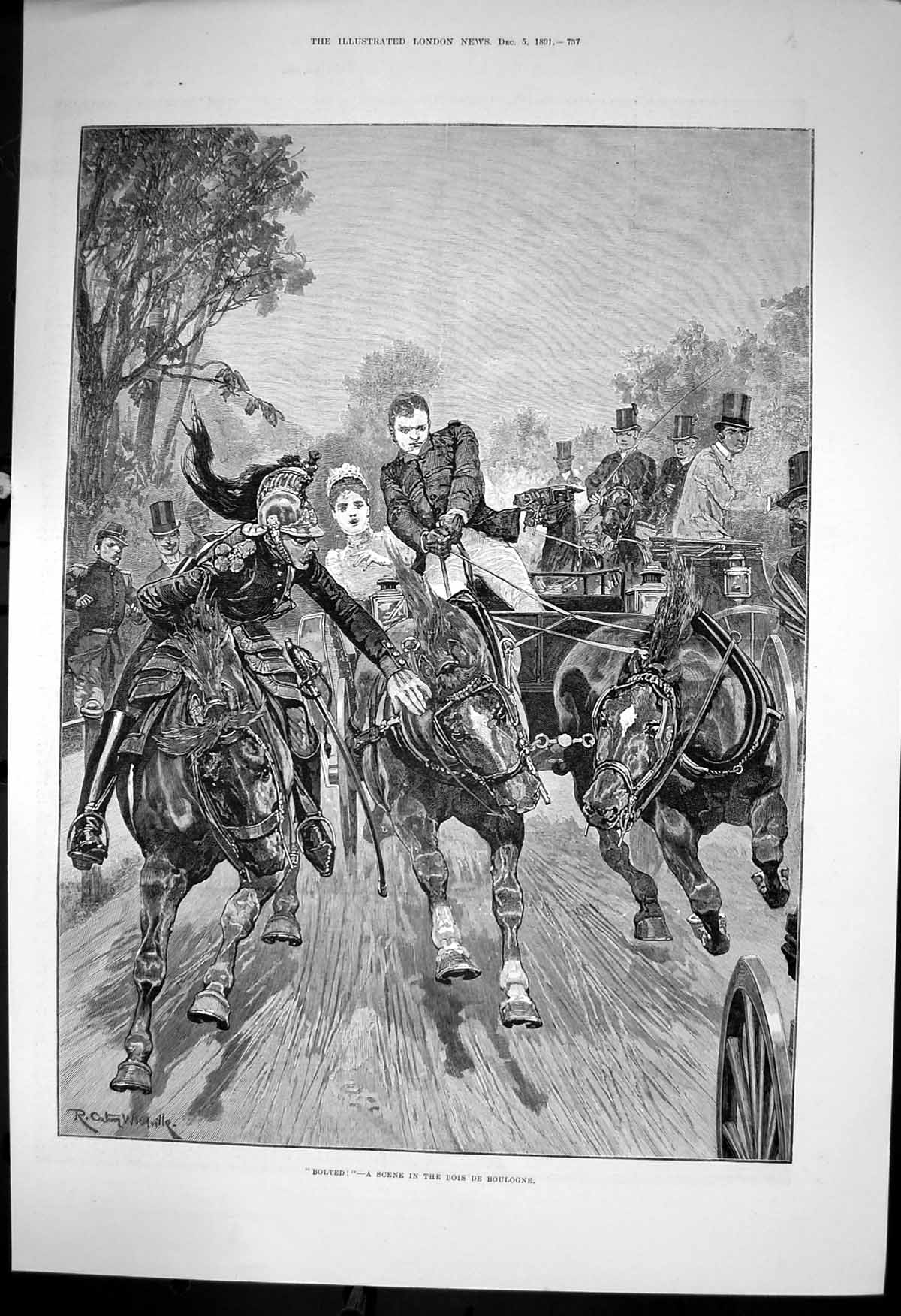 Original Old Antique Print Bolted Bois De Boulogne Horses Carriage Bolting 1891