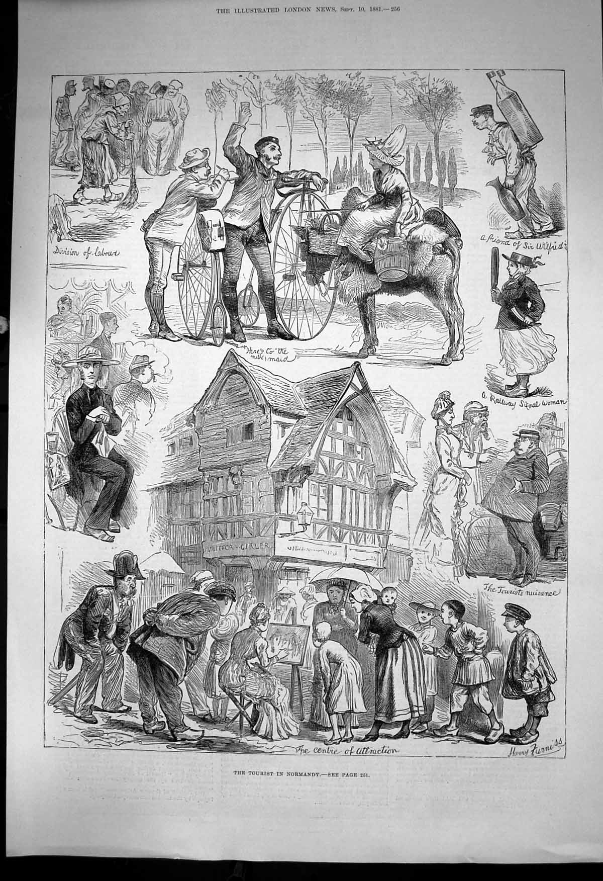 Old Print Tourist Normandy Lady Painting Milk Maid Rail Signal Woman 1881 19th