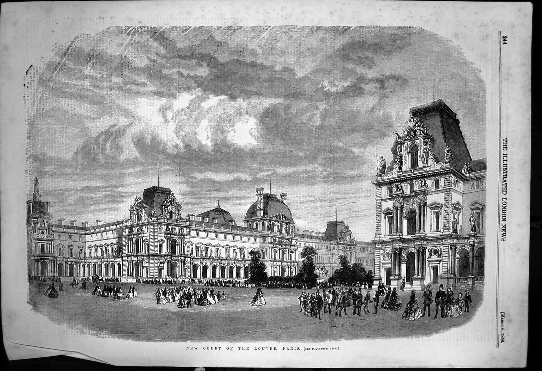 Original Old Antique Print New Court Louvre Paris Crowds Outside Builings 1856