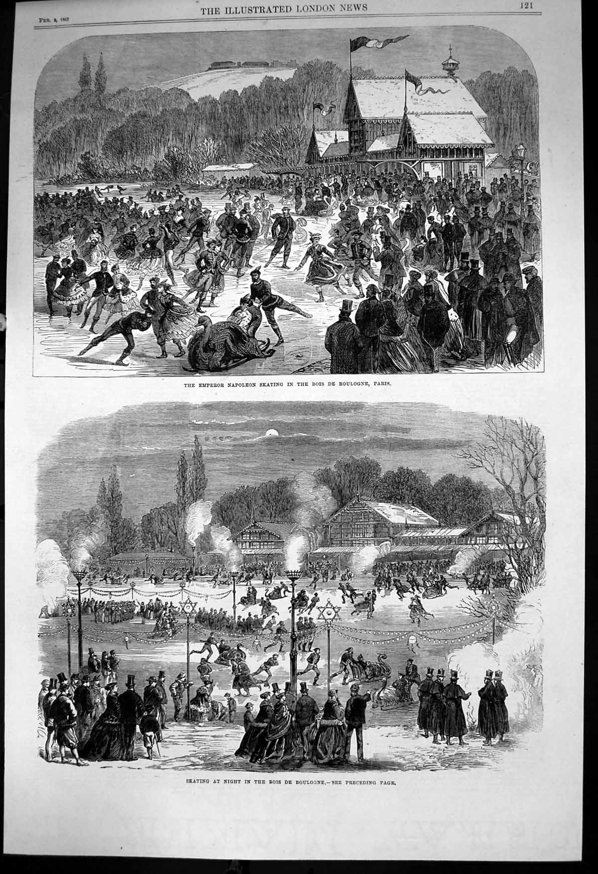 Original Old Antique Print Emperor Napolean Skating Bois De Boulogne Paris 1867