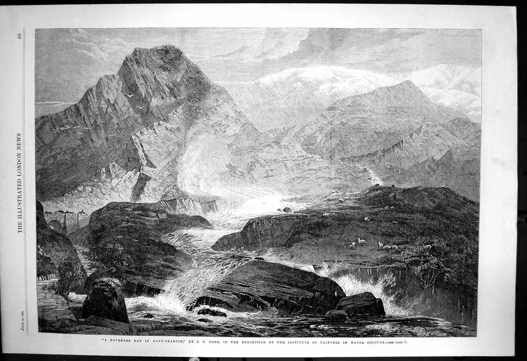 Antique Print November Day Nant Francon Jc Reed River Sheep Mountains 1864 19th