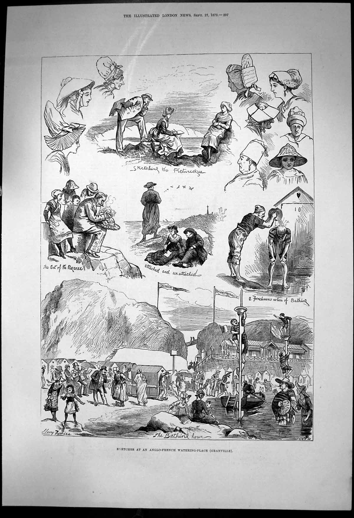 Antique Old Print Sketches Anglo French Watering Place Granville Bathing 1879
