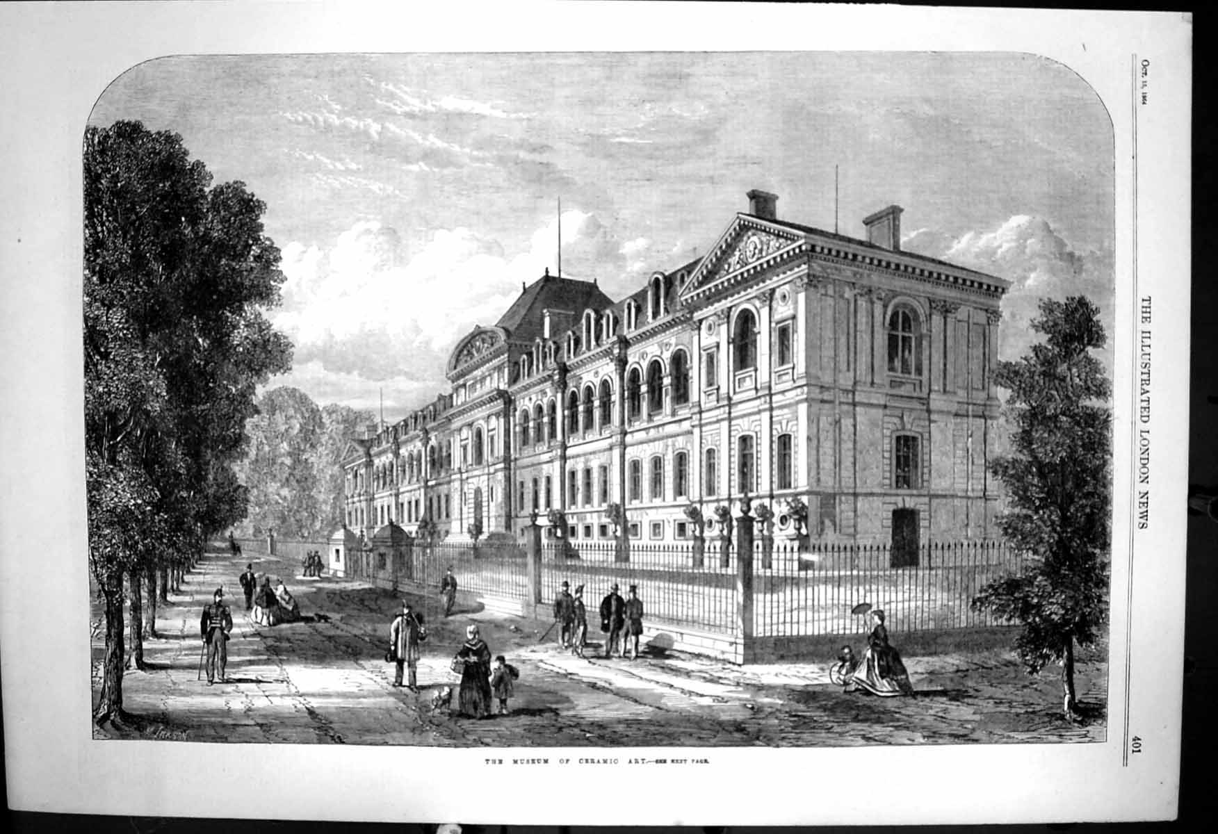 Original Old Antique Print Museum Ceramic Art Exterior Large Building 1864 19th
