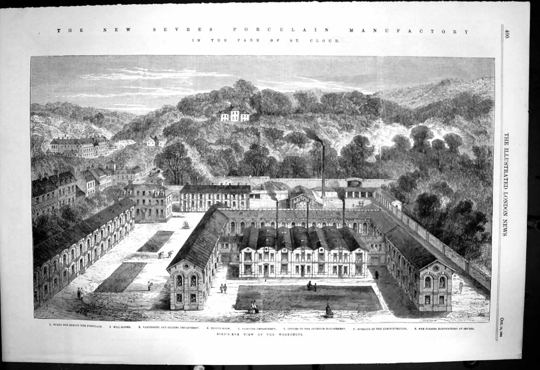 Original Old Antique Print New Sevres Porcelain Manufactory Park St Cloud 1864