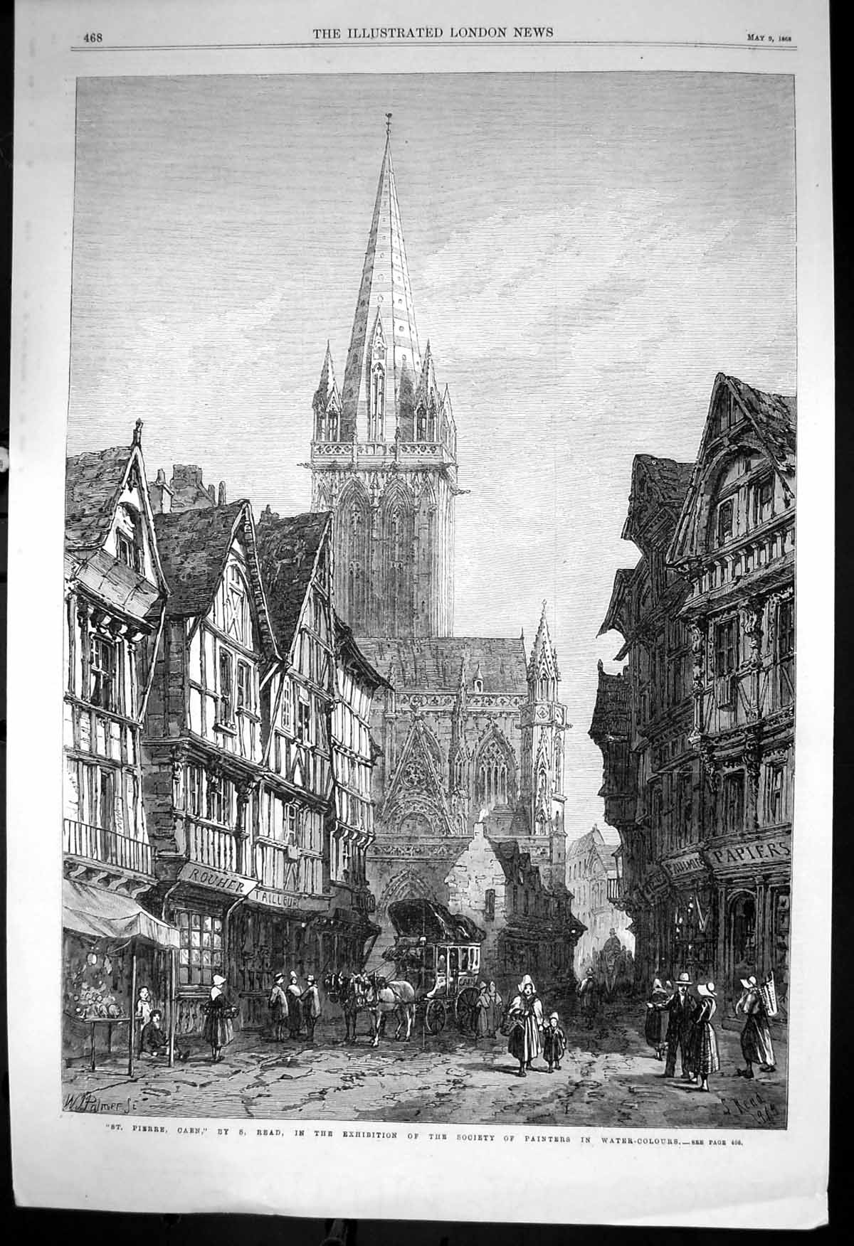 Old Antique Print St Pierre Caen S Read Street Scene Cathedral Shops 1868 19th