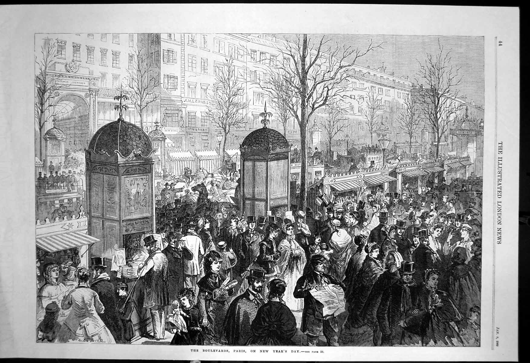 Antique Old Print Boulevards Paris New Years Day Crowds Dressed Up Hats 1869
