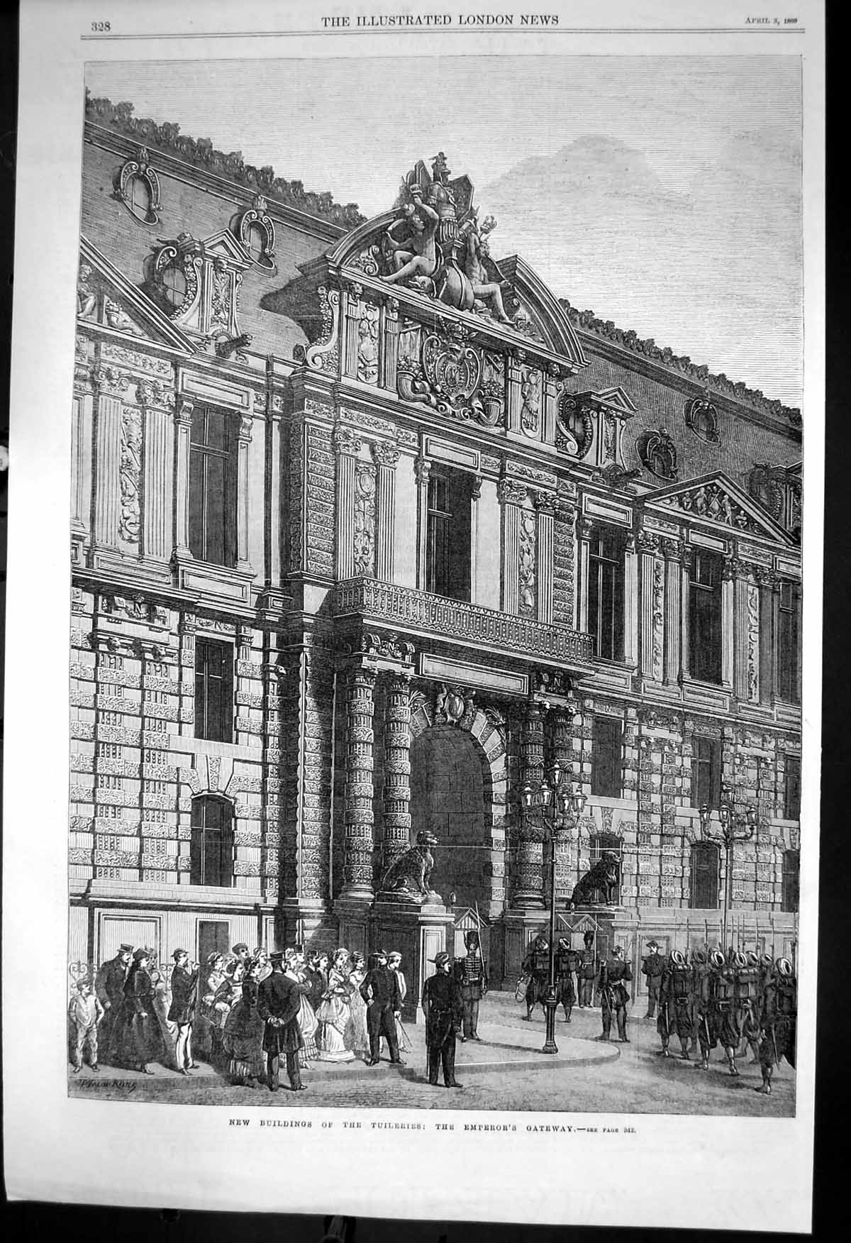 Old Antique Print New Buildings Tuileries Emperors Gateway Exterior 1869 19th