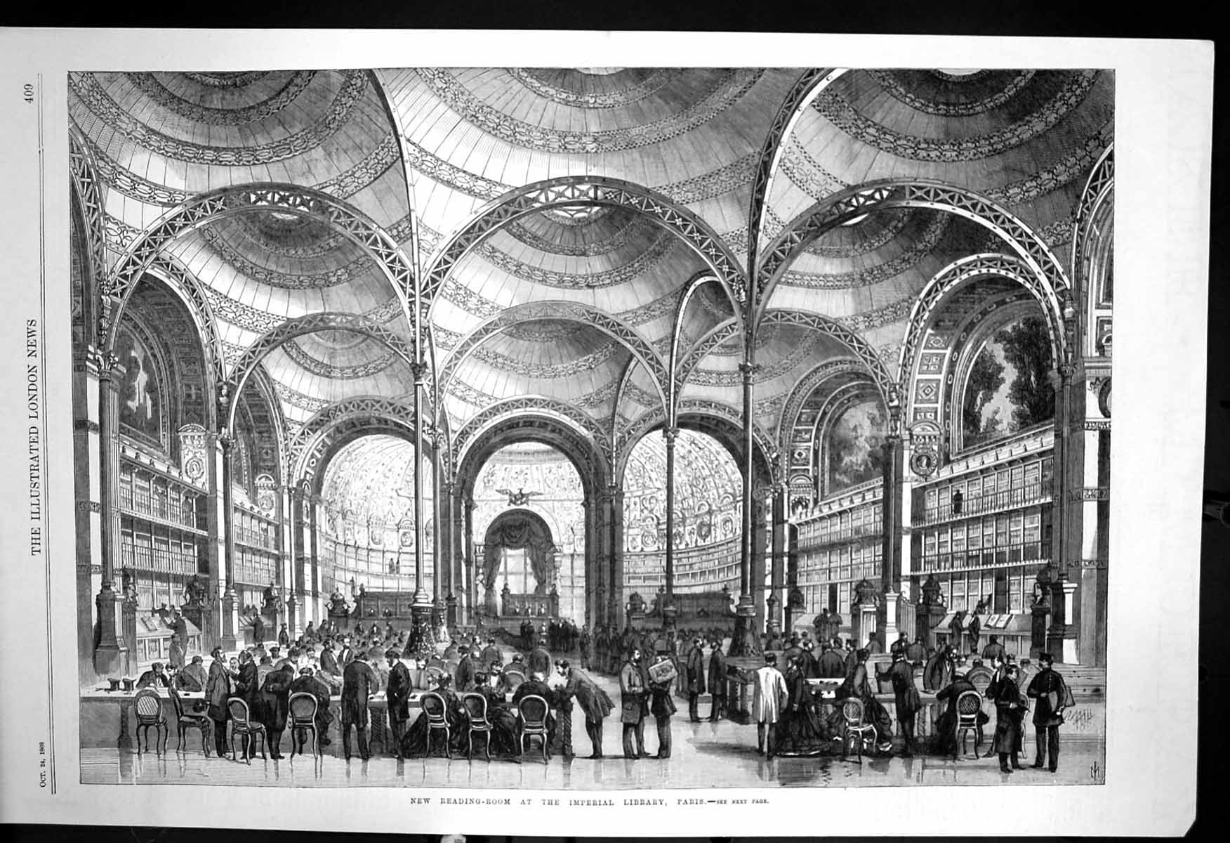 Original Old Antique Print New Reading Room Imperial Library Paris 1868 19th