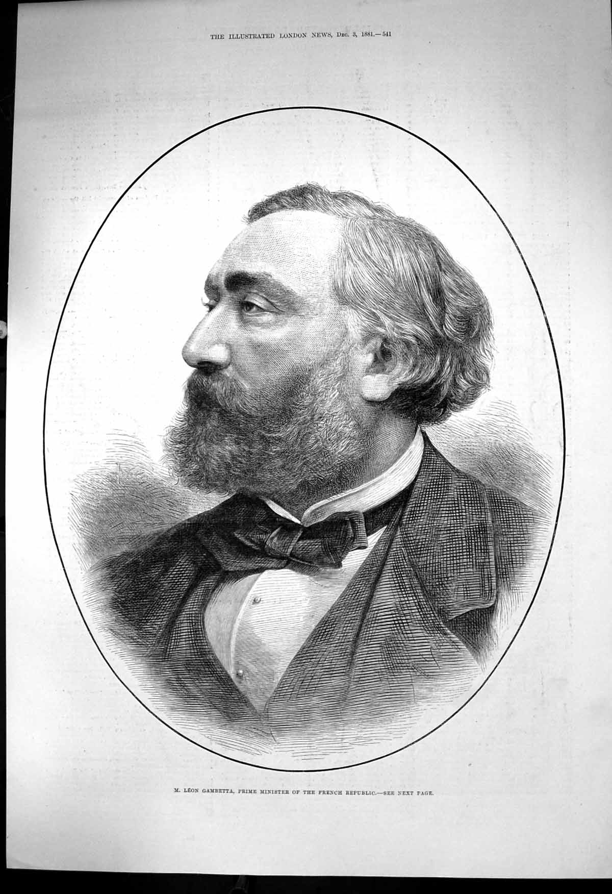 Original Old Antique Print M Leon Gambetta Prime Minister French Republic 1881