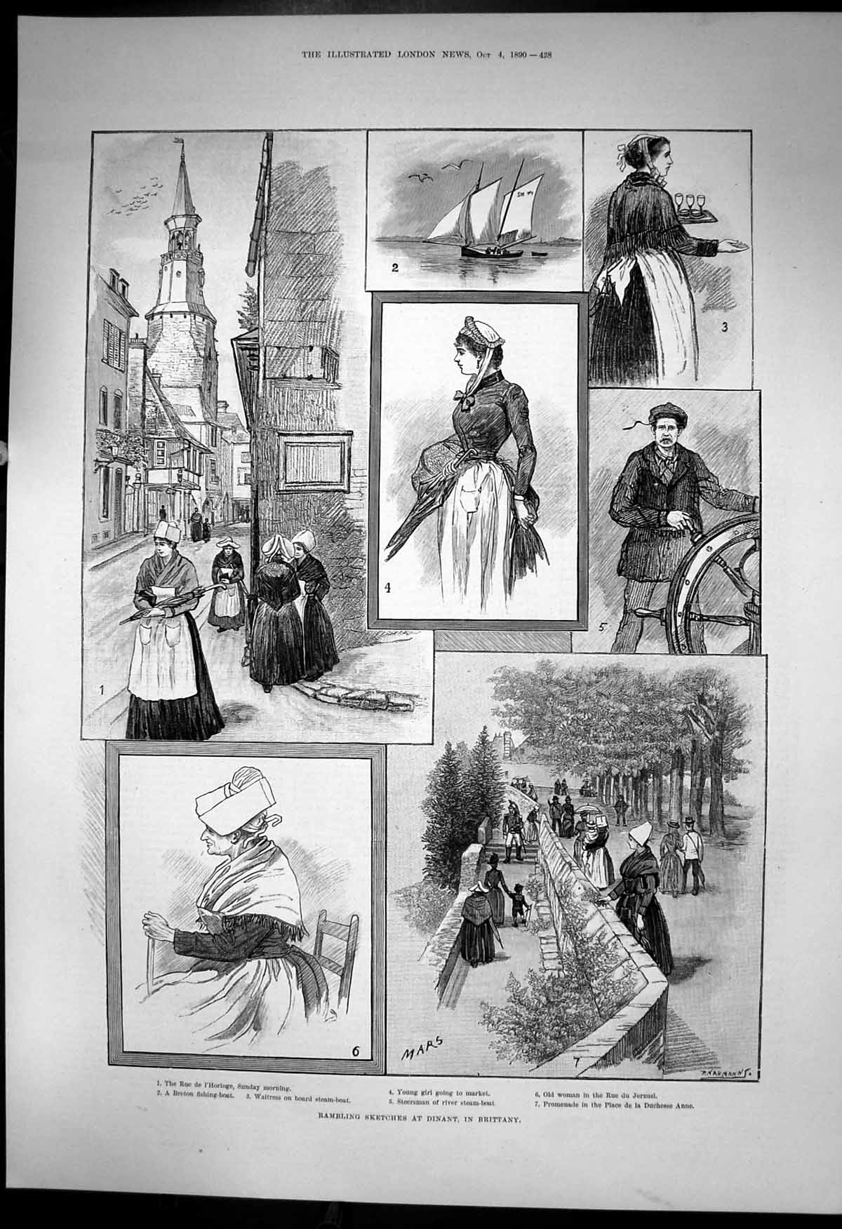 Old Print Dinant Brittany Rue De L'Horloge Market Breton Fishing Boat1890 19th