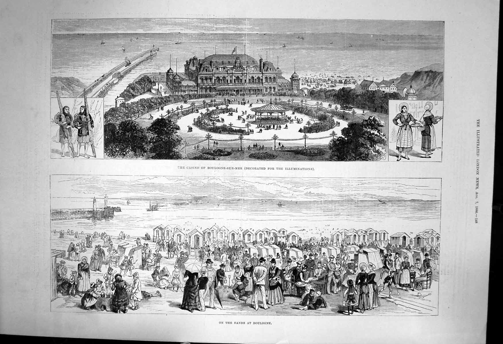Original Old Antique Print Casino Boulogne-Sur-Mer Crowds Sands Beach Huts 1886