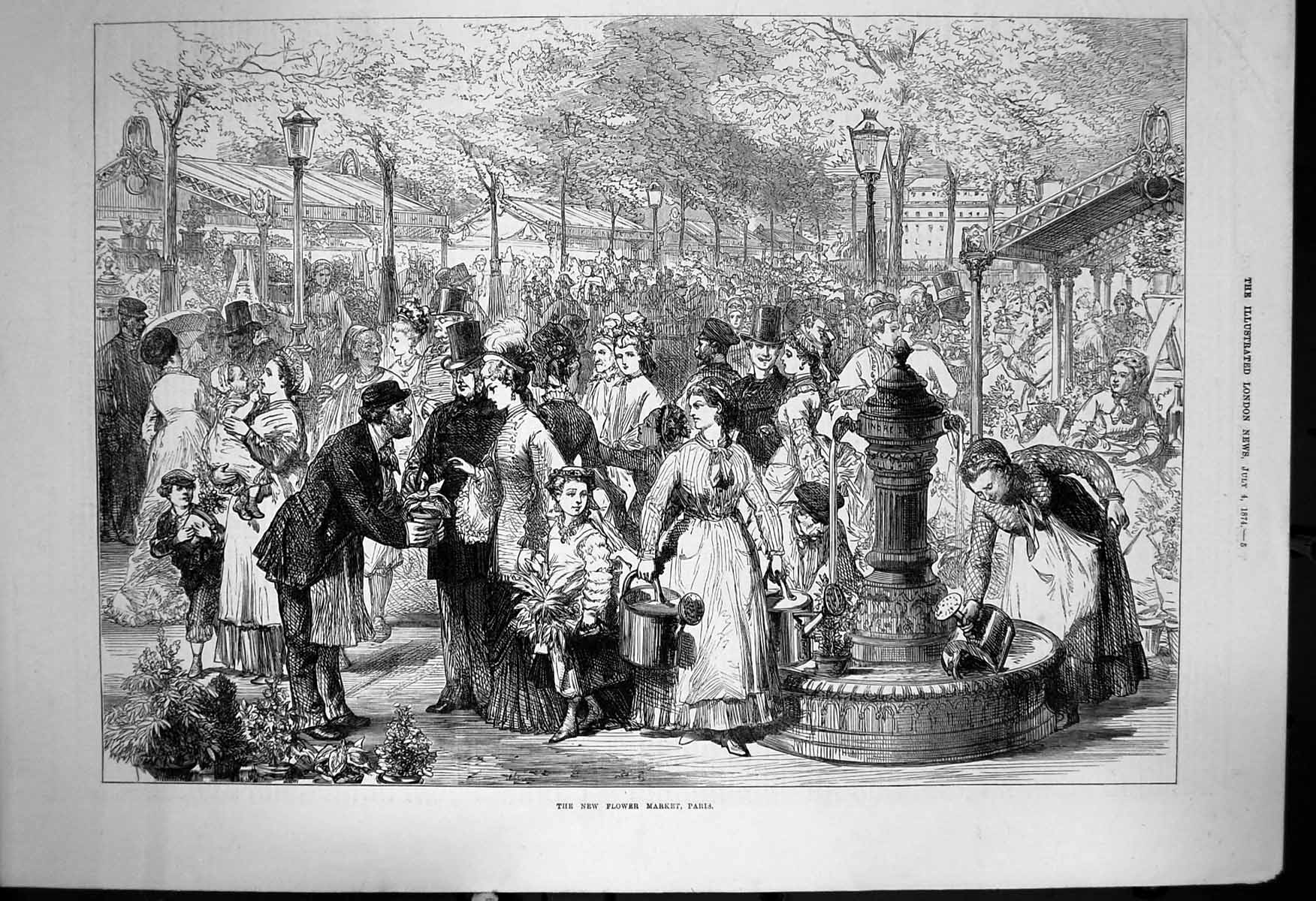 Antique Old Print Crowds New Flower Market Paris Filling Watering Cans 1874