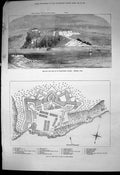 Original Old Antique Print Isle Fort St Marguerite Cannes Plan Fort 1874 19th