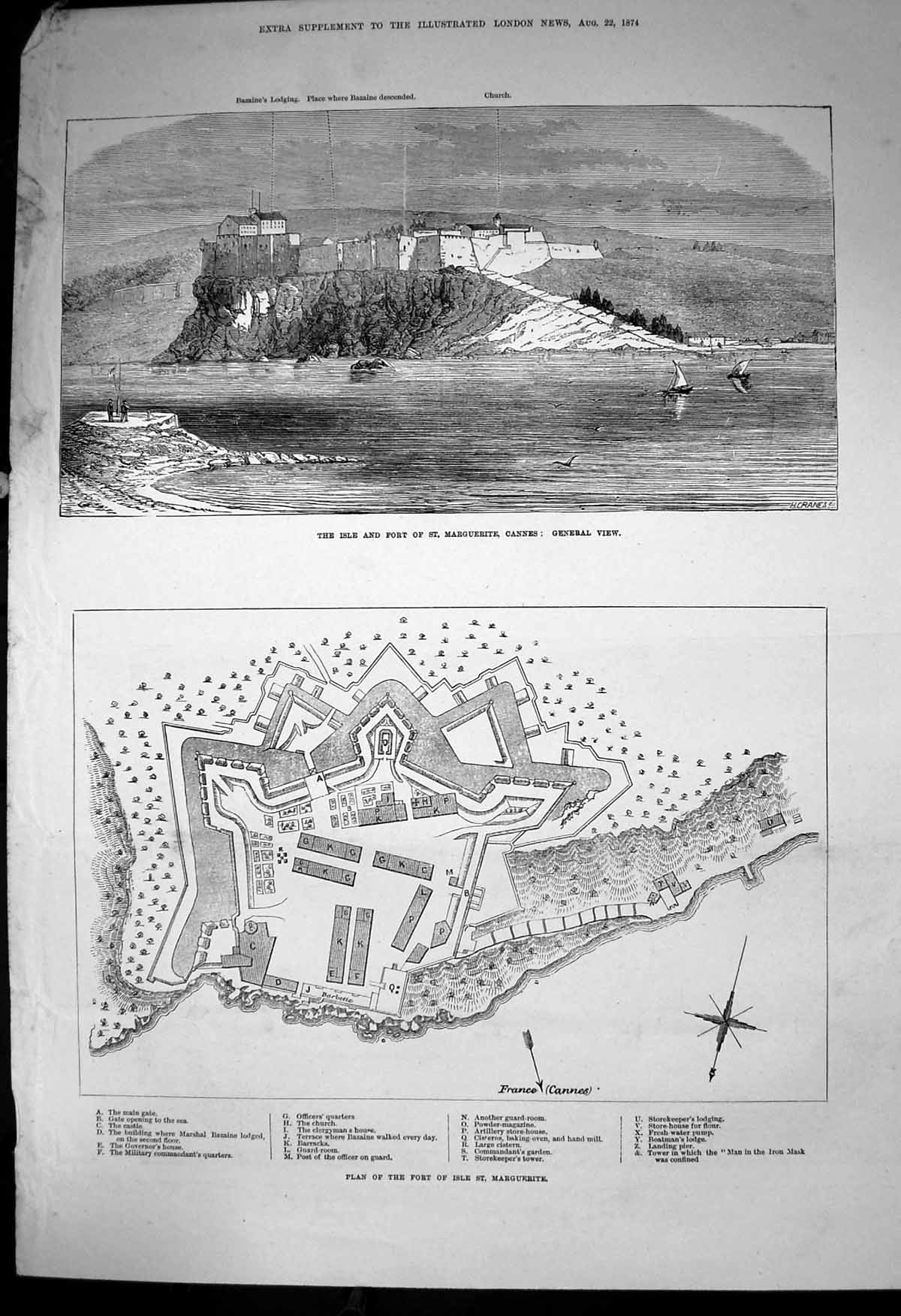 Original Old Antique Print Isle Fort St Marguerite Cannes Plan Fort 1874 19th