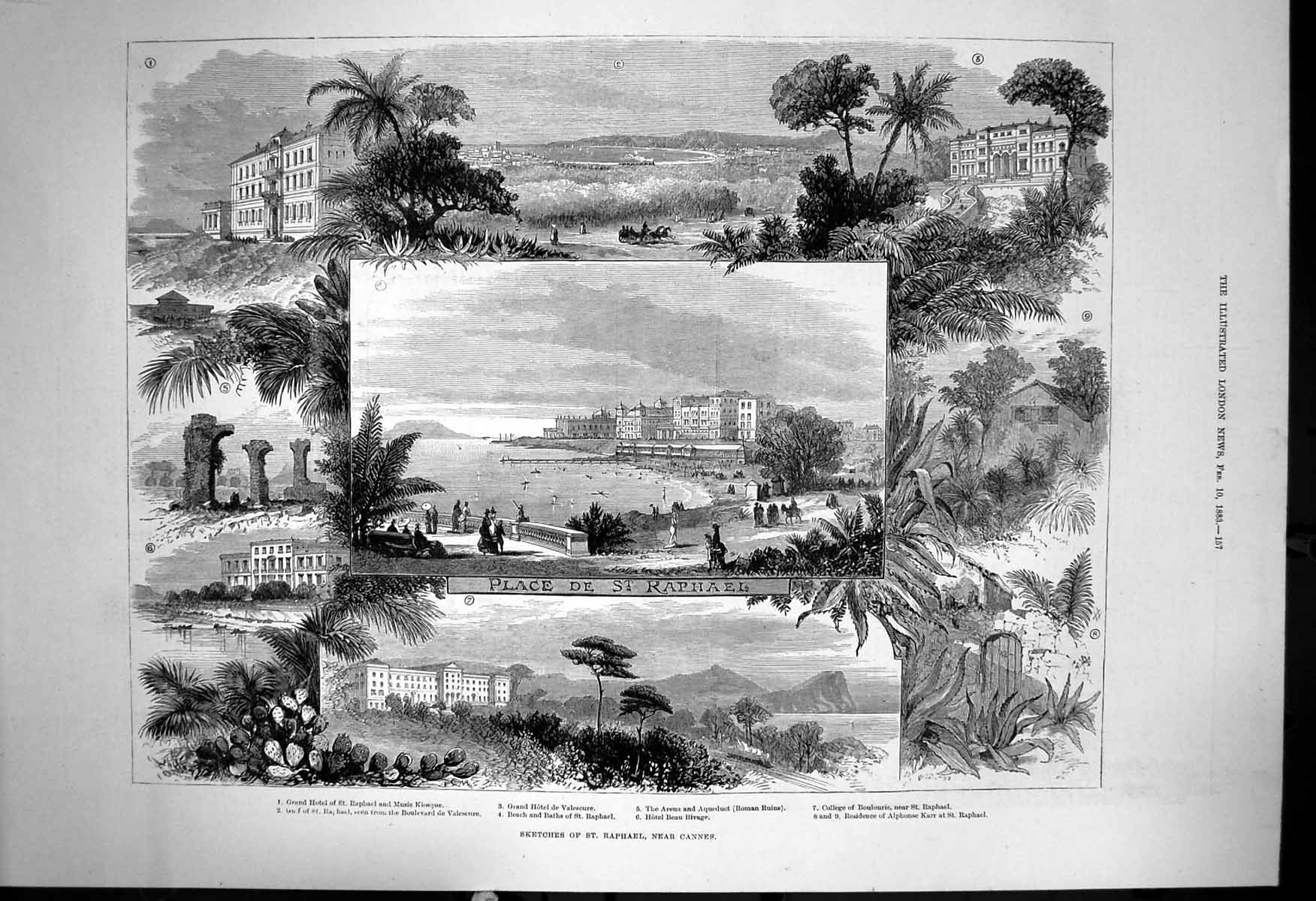 Antique Old Print St Raphael Cannes Arena Aqueduct Beach Baths College 1883