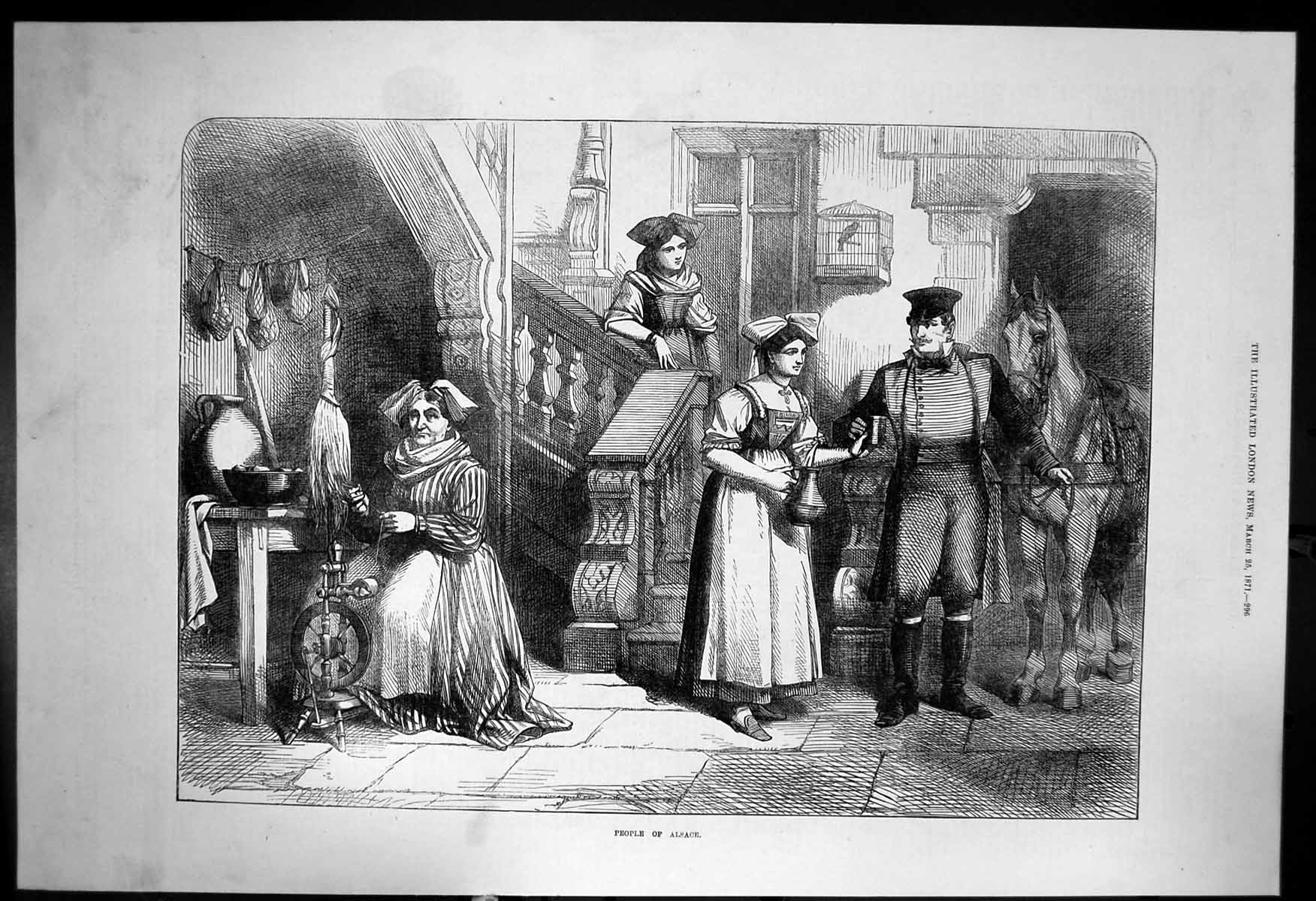 Original Old Antique Print People Alsace Sier Horse Woman Spinning Wheel 1871
