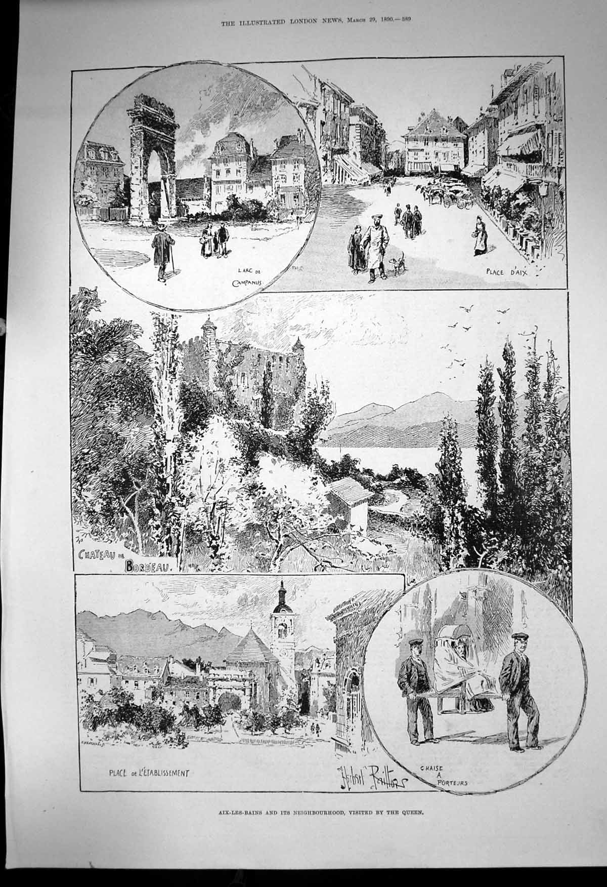 Antique Print Aix-Les-Bains Neighbourhood Visit Queen Chateau Bordeau 1890 19th