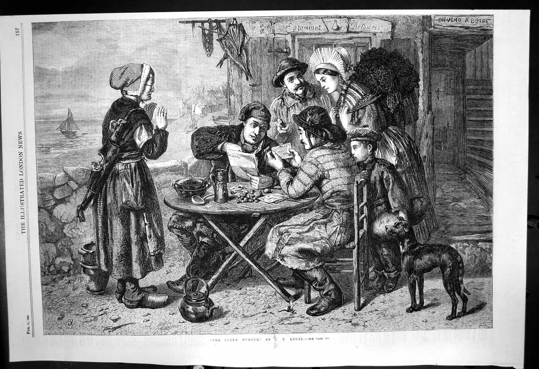 Antique Print Lucky Number J T Lucas Sitting Round Table Paper Ticket 1866 19th
