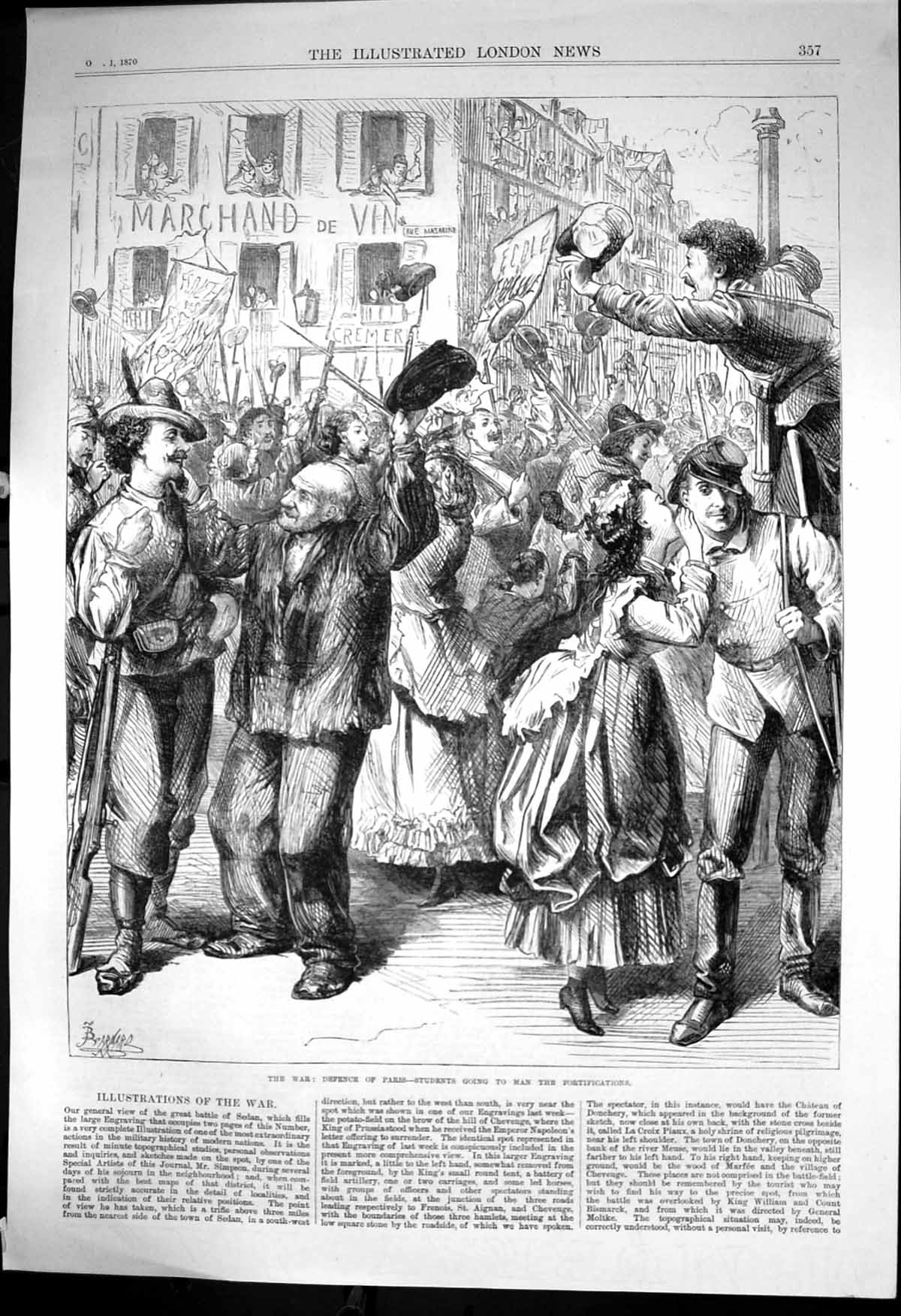 Original Old Antique Print Defence Paris Students Going Man Fortifications 1870
