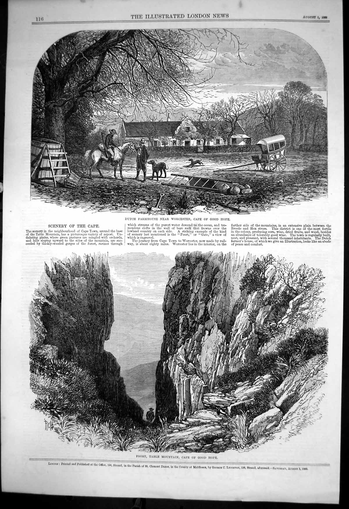 Antique Old Print Dutch Farmhouse Poort Table Mountain Cape Good Hope 1868 19th