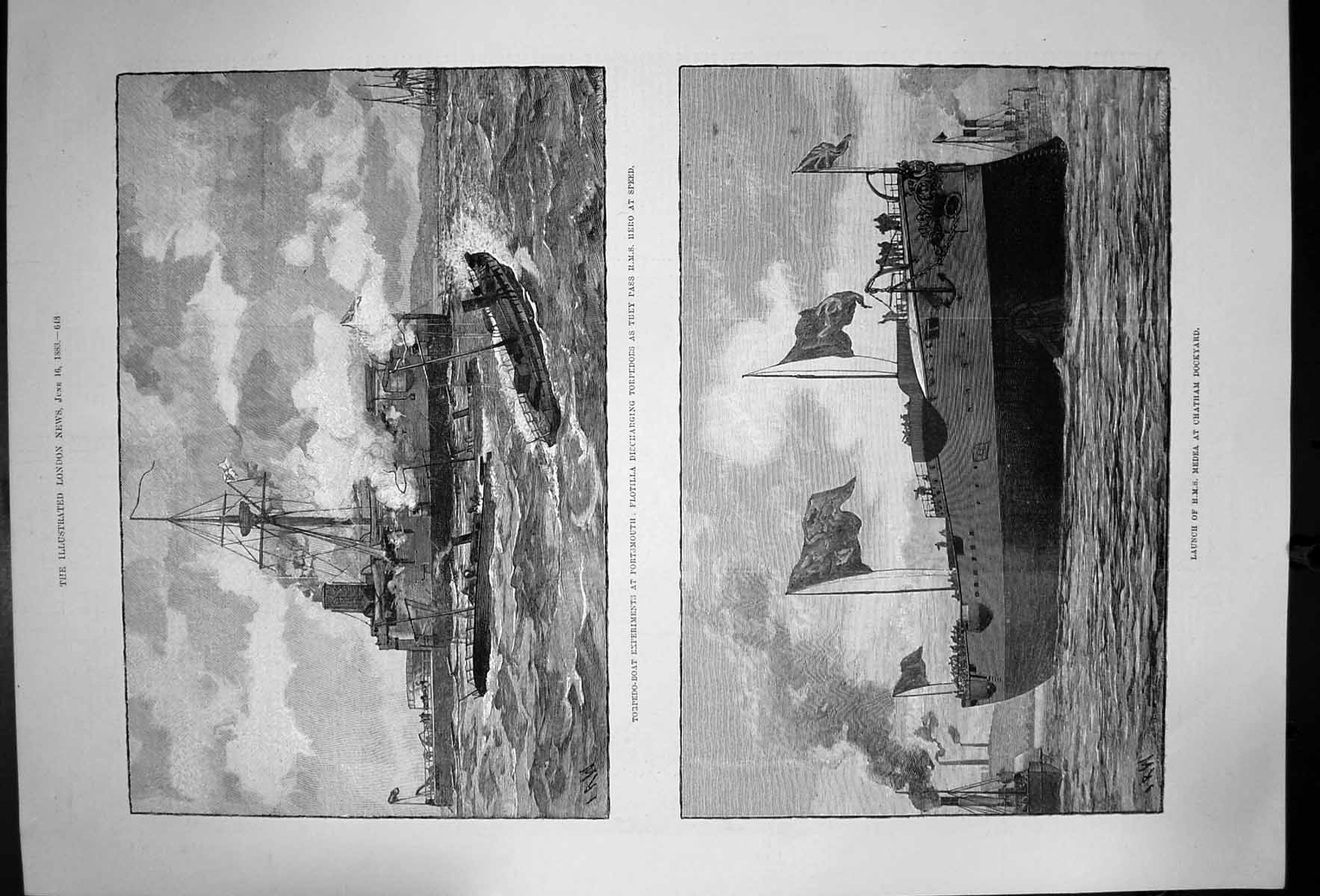 Original Old Antique Print Launch Hms Medea Chatham Torpedo Boat Hms Hero 1888
