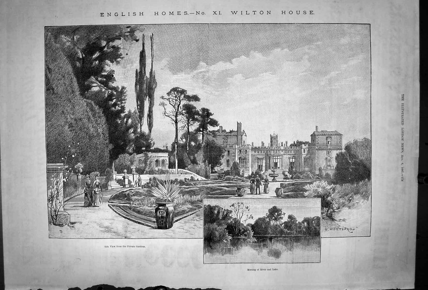 Old Print English Homes Wilton House View From Private Gardens Lake 1887 19th