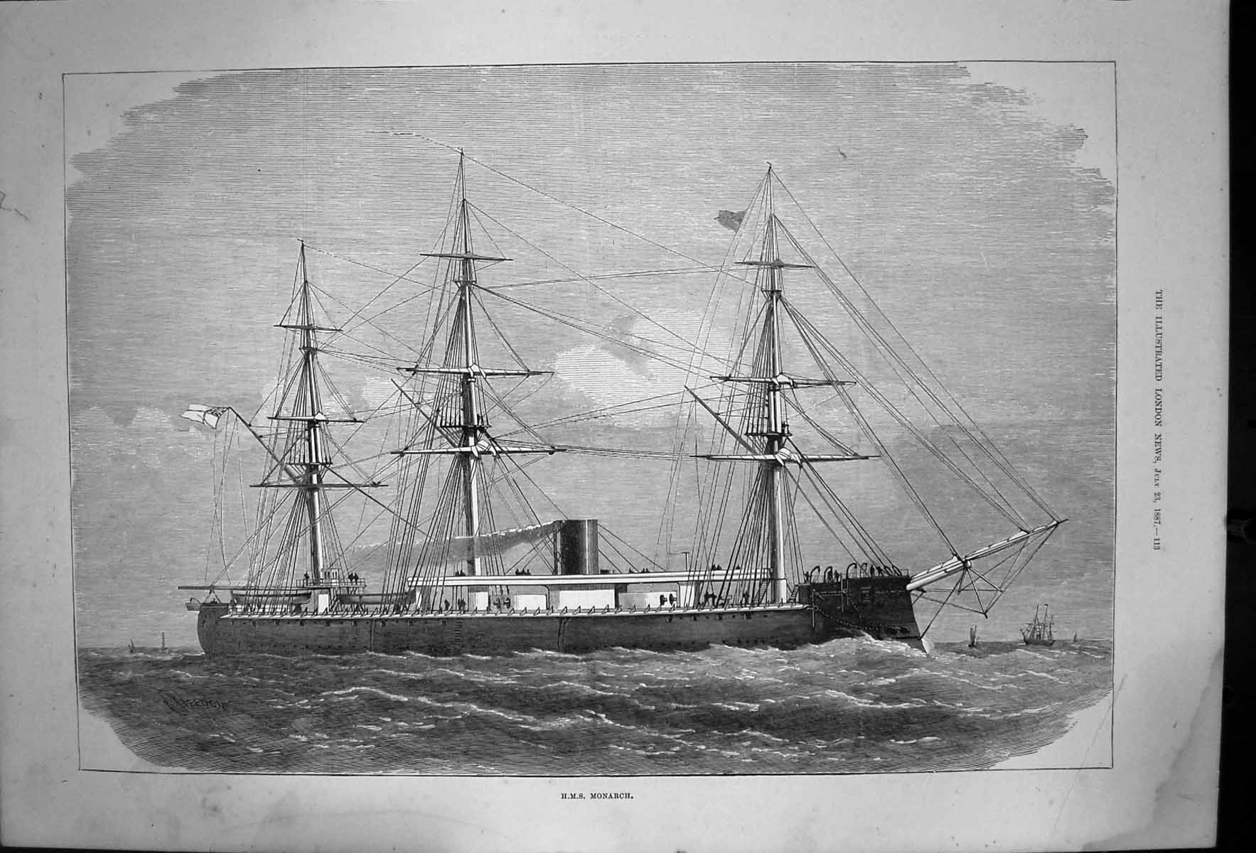Old Print Hms Monarch Boat Ship Sea Mast Funnel Queens Jubilee Naval 1887 19th