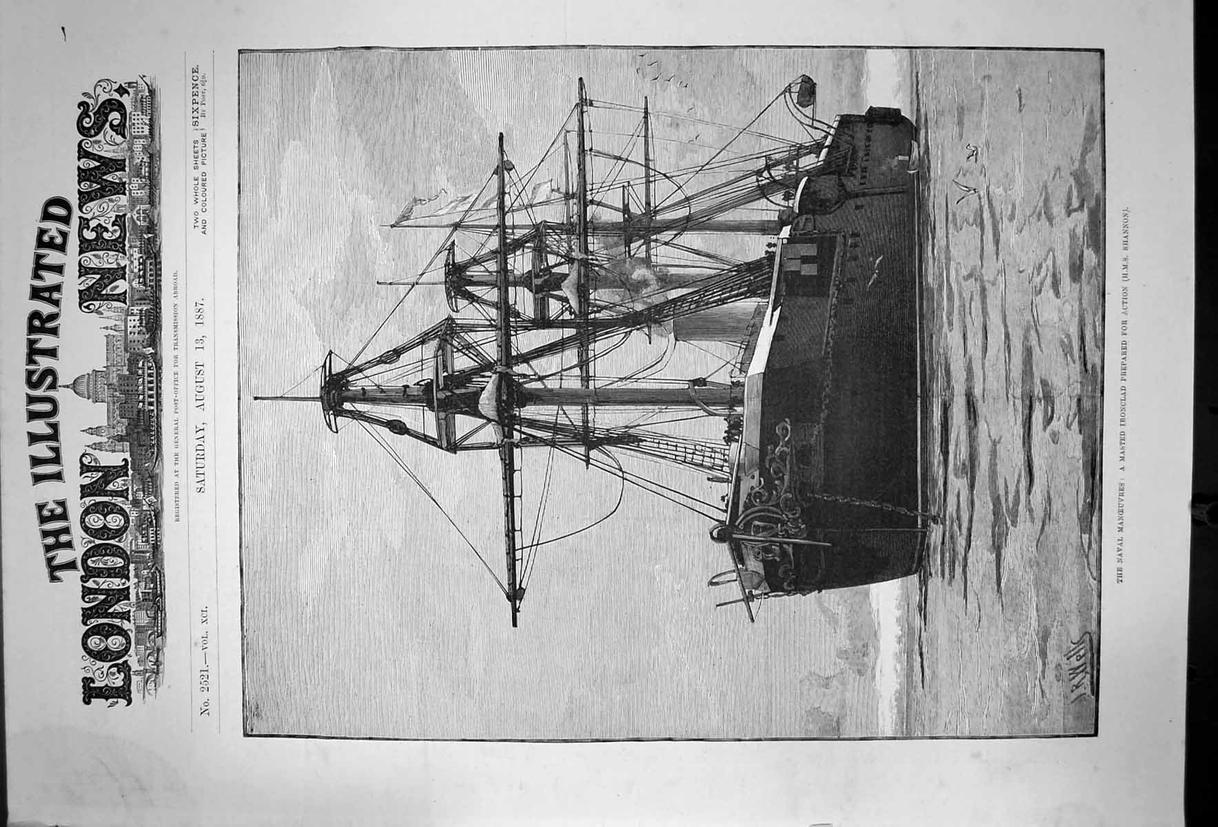 Antique Print Naval Manoeuvres Masted Ironclad Prepared Action Shannon 1887