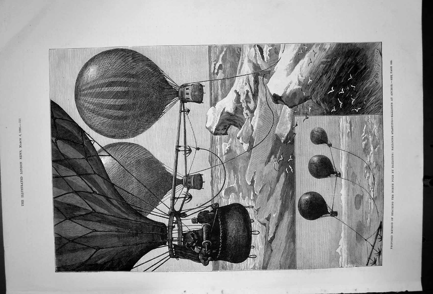 Antique Old Print Proposed Method Reaching The North Pole By Balloons 1880 19th