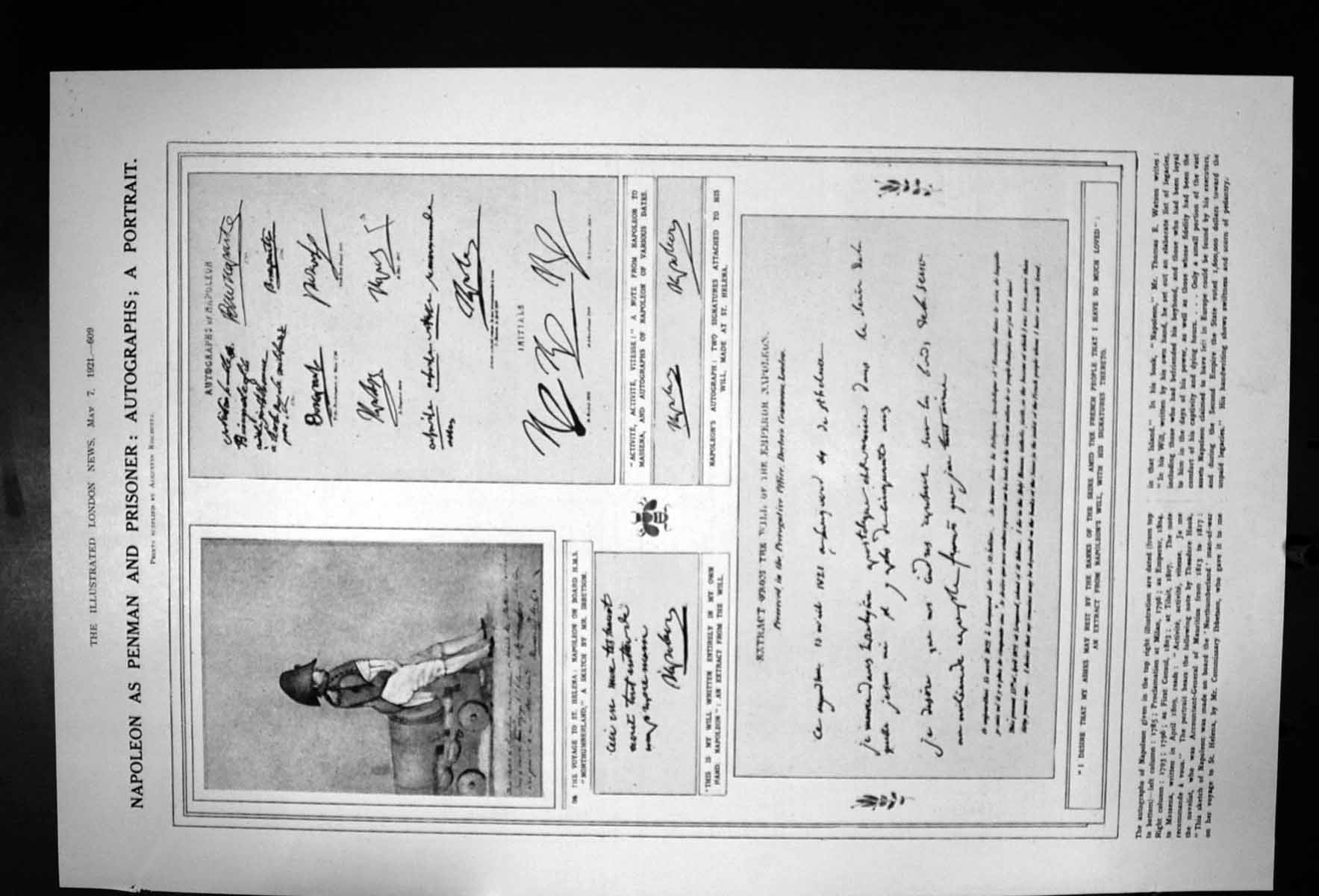 Antique Old Print Napoleon As Penman And Prisoner Autogrpahs A Portrait 1921
