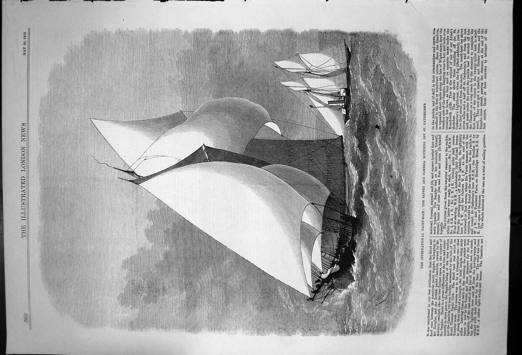 Old Print International Yacht Race Sappho And Cambria St Catherines 1870 19th